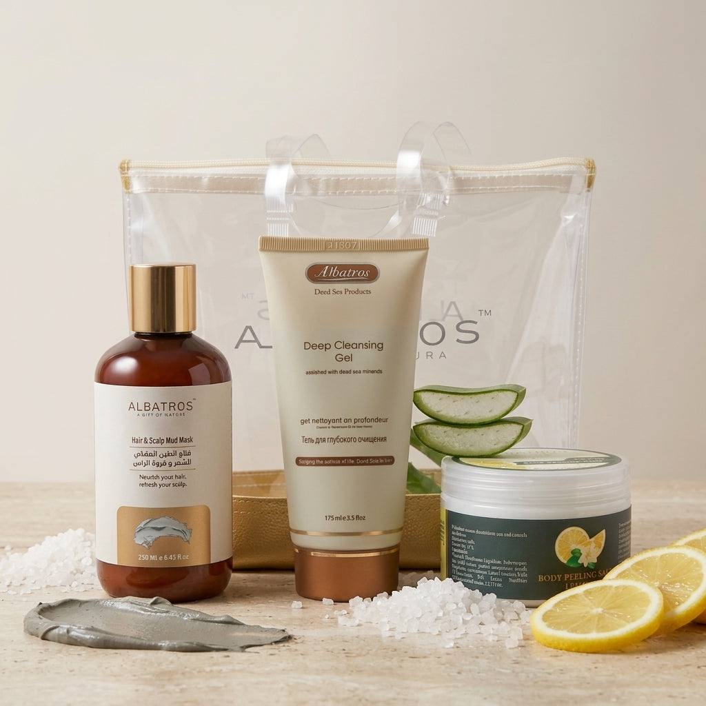 A skincare gift set featuring an Albatros Deep Cleansing Gel tube, a body wash bottle, a jar of facial mask, a clear zip pouch, and lemon and aloe slices arranged on a light surface with salt crystals.