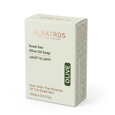 Albatros Dead Sea Olive Oil Soap box, 100g, in a light beige packaging with green and brown text, on a white background.
