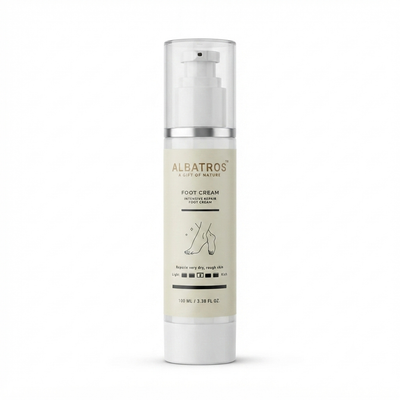 Albatros Foot Cream in a clear cylindrical pump bottle with a white and beige label, shown on a clean white background.